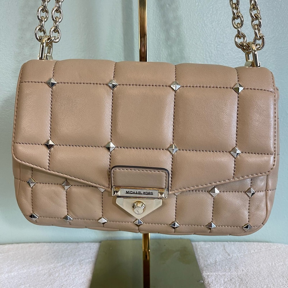 Michael Kors Women's Tan Leather SoHo Chain Quilted Shoulder Crossbody Sling Bag - Picture 5 of 14